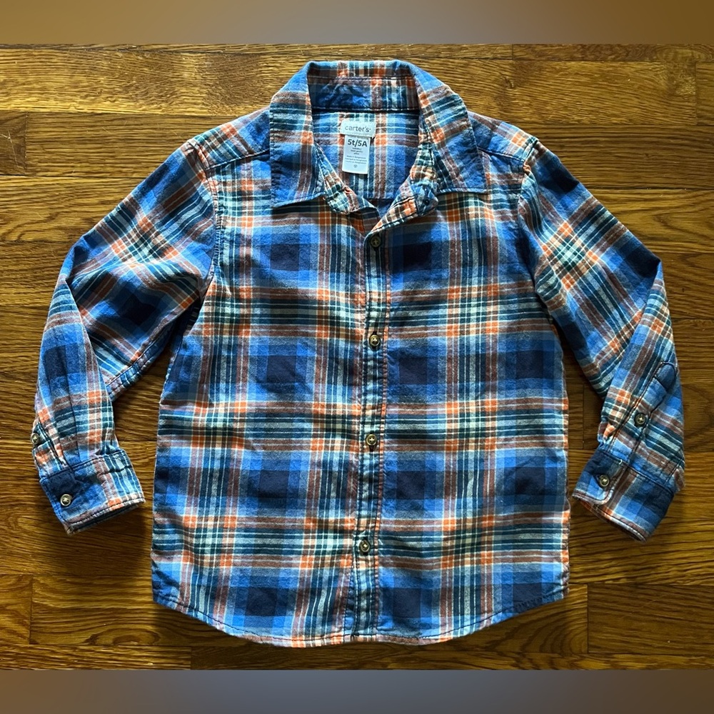 Carter’s Blue & Orange Plaid 100% Cotton Casual Buttondown Shirt Boys Size 5T
